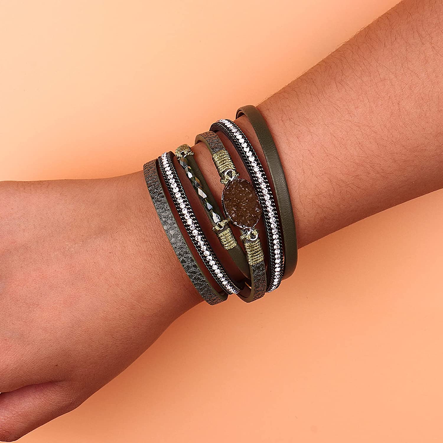 FANCY SHINY Leather Wrap Bracelet Boho Cuff Bracelets Crystal Bead Bracelet with Magnetic Clasp Jewelry Gifts for Women Teen Girls - Image 6